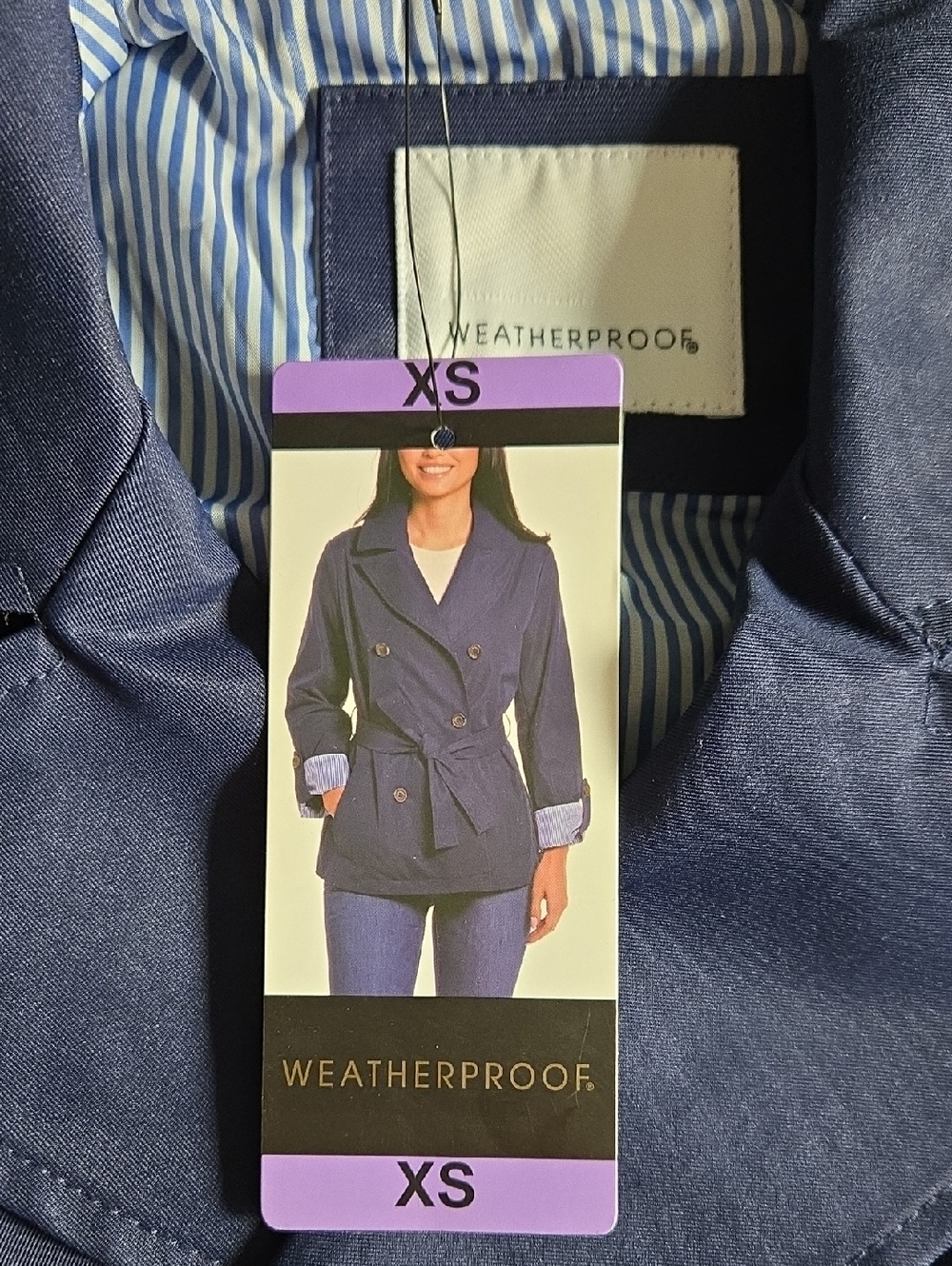 Weatherproof Women's Navy Double-Breasted Trench Coat with Waist Tie